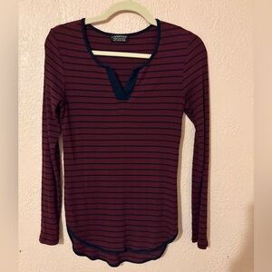 Papermoon Burgundy and Navy Striped Ribbed Long-Sleeve Top